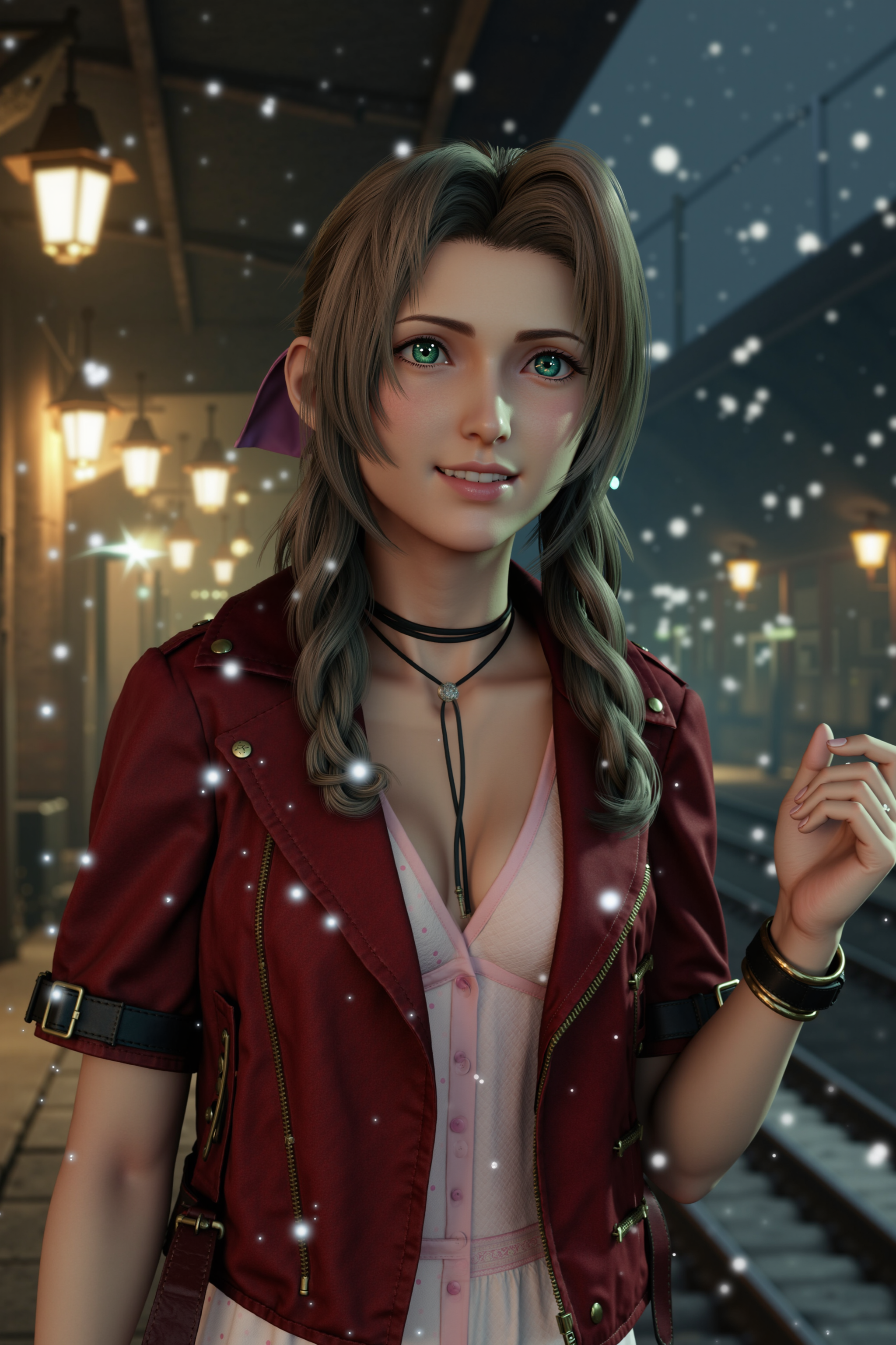 An anime-style depiction of Aerith Gainsborough on a train platform during a snowy evening. Sheâs standing with a suitcase in one hand and waving excitedly with the other, her scarf fluttering as she smiles brightly. Snowflakes drift gently through the air, adding a magical feel to the warmly lit station., <lora:Aerith Gainsborough:1.0>