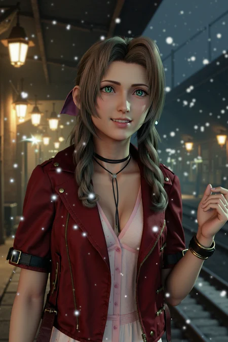 An anime-style depiction of Aerith Gainsborough on a train platform during a snowy evening. Sheâs standing with a suitcase in one hand and waving excitedly with the other, her scarf fluttering as she smiles brightly. Snowflakes drift gently through the air, adding a magical feel to the warmly lit station., <lora:Aerith Gainsborough:1.0>