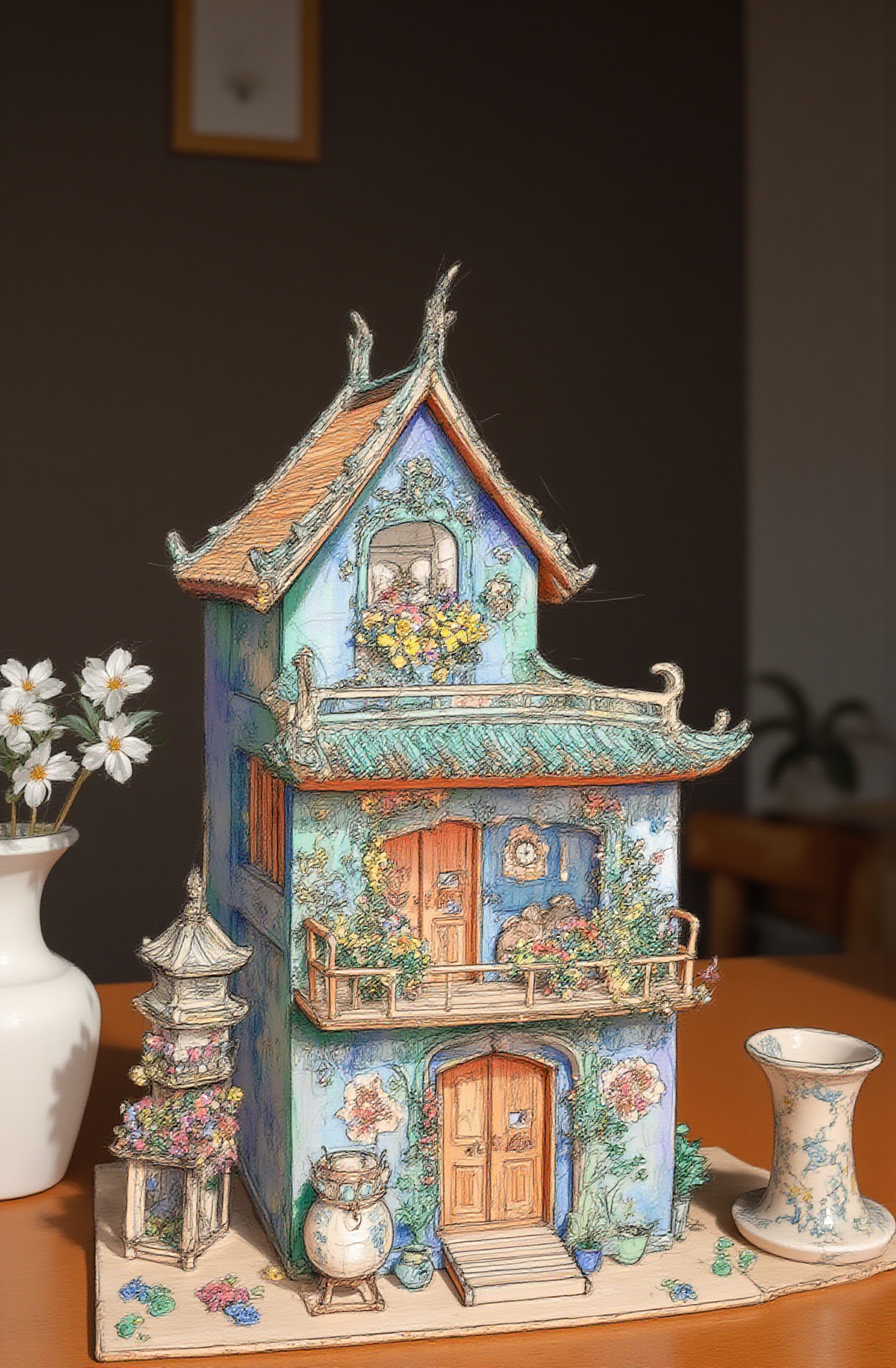 Sharp image of a rough sketch, rendered in vibrant multi colour ballpoint pen, capturing the adorable features of a miniature model of a traditional Chinese house. The house is made of wood and is intricately detailed with realistic features such as the roof, walls, and windows. The exterior of the house is painted in a combination of blue and green colors, with a large balcony on the second floor and a small garden on the third floor. The balcony is decorated with colorful flowers and plants, and there is a small temple-like structure on the left side of the image.
The house is placed on a wooden table, with two vases with white flowers on either side. The background is a dark brown wall with a framed picture hanging on it. The overall atmosphere of the model is peaceful and serene.  p3nsk, <lora:p3nsk:1>