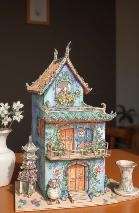 Sharp image of a rough sketch, rendered in vibrant multi colour ballpoint pen, capturing the adorable features of a miniature model of a traditional Chinese house. The house is made of wood and is intricately detailed with realistic features such as the roof, walls, and windows. The exterior of the house is painted in a combination of blue and green colors, with a large balcony on the second floor and a small garden on the third floor. The balcony is decorated with colorful flowers and plants, and there is a small temple-like structure on the left side of the image.
The house is placed on a wooden table, with two vases with white flowers on either side. The background is a dark brown wall with a framed picture hanging on it. The overall atmosphere of the model is peaceful and serene. p3nsk, <lora:p3nsk:1>