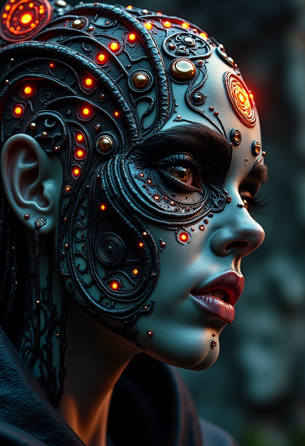h34d5, psychedelic witch head, hyperrealistic close-up, intricate mystical patterns, glowing runic symbols, eerie backlighting, cinematic noir atmosphere, expressions of sadness and longing, vintage sci-fi aesthetic, ethereal chromatic reflections, influenced by Alex Grey and Yoshitaka Amano, high-definition textures, surreal avant-garde style