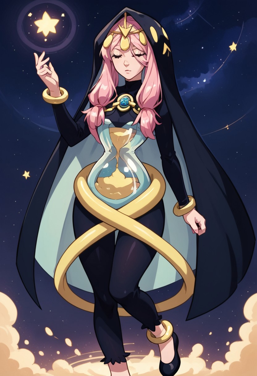 score_9, score_8_up, score_7_up, source anime,
masterpiece, best quality, detailed, amazing quality,
detailed background, night, stars,
dynamic pose, magic,
solo, 1woman, woman,
easynegative, 
aeon, diadem, hourglass torso, see-thru torso, glass torso, pointed hood, long hood, pink hair, long hair, bracelet, anklet, pendant, closed eyes, bodysuit, hair ornaments, low front twintails