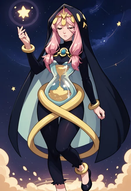 score_9, score_8_up, score_7_up, source anime,
masterpiece, best quality, detailed, amazing quality,
detailed background, night, stars,
dynamic pose, magic,
solo, 1woman, woman,
easynegative, 
aeon, diadem, hourglass torso, see-thru torso, glass torso, pointed hood, long hood, pink hair, long hair, bracelet, anklet, pendant, closed eyes, bodysuit, hair ornaments, low front twintails