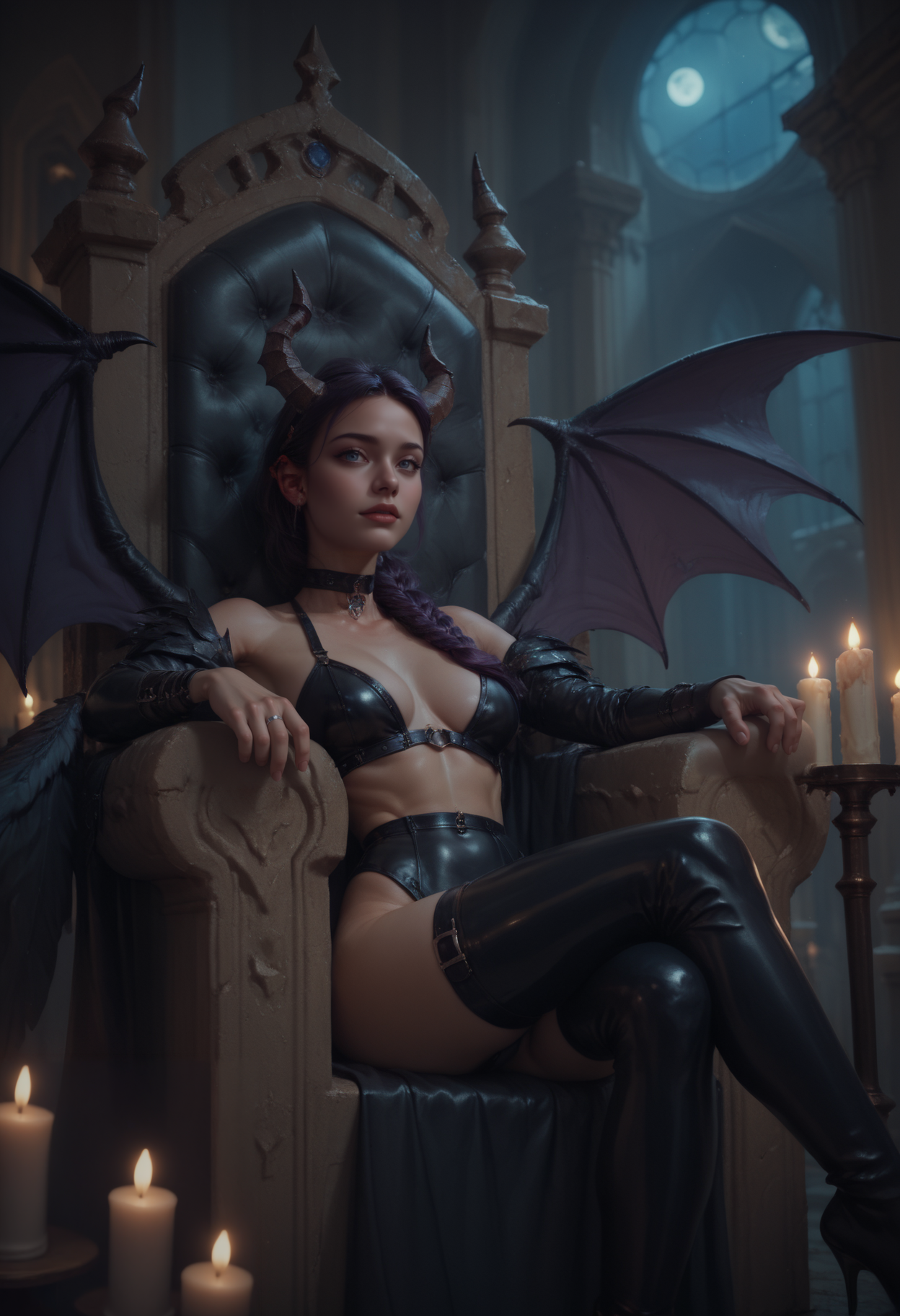 score_9, score_8_up, score_7_up, score_7, score_6_up, score_5_up, (a woman wearing reij-scccn <lora:succucini:1>), wings, horns, leather, sitting on a throne, medival, dimmed candle light, night, dark