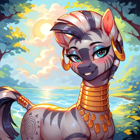 masterpiece, score_9, score_8_up, score_7_up, score_6_up, (best quality:1.1), ultra-detailed, high resolution, 1character, Zecora, mare, zebra, g4, female, mare, half closed eyes, eyeshadow, smiling, blushing, outdoors, detailed beach background, tail, high quality, sharp, the quality of ai art is frightening, watercolor, highly detailed, (((beautiful detailed eyes))), Long eyelashes, Highly Visible, (((8k))), sharp focus, perfect lighting, beautiful eyes, long eyelashes, anatomically correct, extremely detailed, shine on body, high detail, cute facial expression, Expressiveh, detailed background, OverallDetail, zPDXL2
