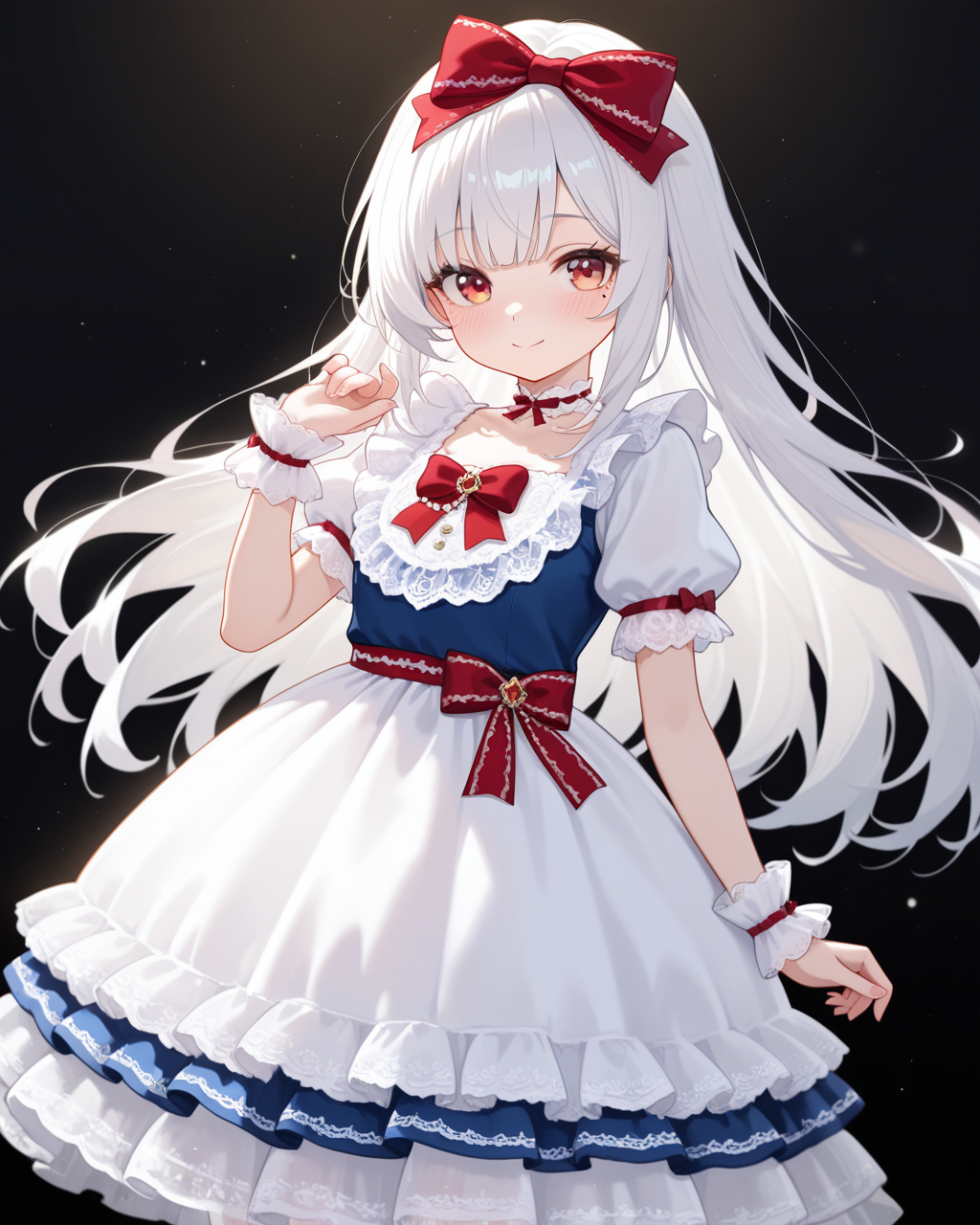 Positive: Masterpiece, best quality, amazing quality, very aesthetic, high resolution, ultra-detailed, absurdres,
1girl, solo, 
subanxia,
white hair,red eye,yellow eye,mole under eye, 
blue top white skirt red bow vintage lace dress,
white skirt,short sleeves,puffy short sleeves,frills,wrist cuffs,lace,apron,blue vest,ribbon,red bow,choker,
hair bow,
black_background, standing, cowboy_shot,   
