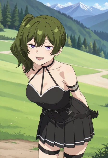 anime screencap, masterpiece, best quality,
<lora:SousouNoFrieren_Ubel_IlluXL:0.9>,
1girl, solo, open mouth, smile, lower teeth only,
green hair, side ponytail, purple eyes,
UbelSSnF, sleeveless dress, pleated dress, short dress, black dress, halterneck, black belt, armlet, arm strap, single glove, black gloves,
thigh strap,
leaning forward, arms behind back, standing, looking at viewer, cowboy shot,
photo background, forest, mountainous horizon, grass, nature, blurry background