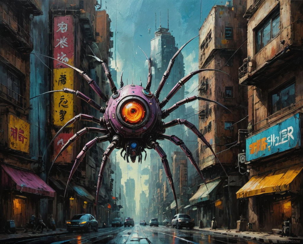 Oil painting of a cybernetic spider, cyberpunk city, hyper realistic, super detailed, Science Fiction, tb, <lora:ThickBrush:0.5> <lora:drkkaw_epoch_10:0.5>