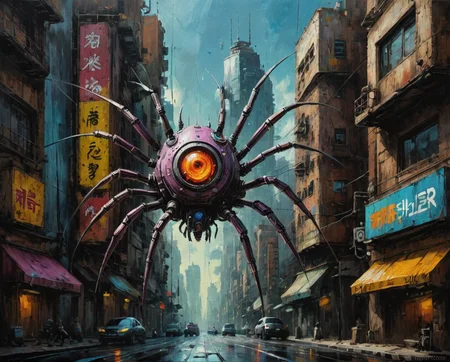 Oil painting of a cybernetic spider, cyberpunk city, hyper realistic, super detailed, Science Fiction, tb, <lora:ThickBrush:0.5> <lora:drkkaw_epoch_10:0.5>