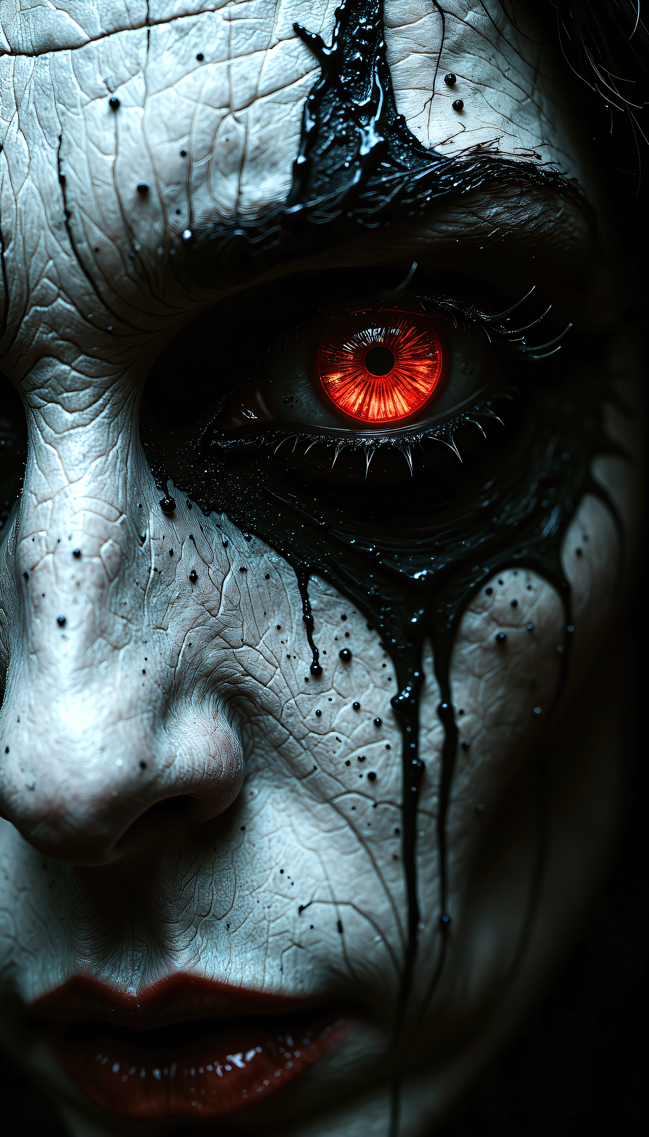 devast8,an extreme closeup on the eye of a demon, it reflects red burning flames, crying tears of black ink
