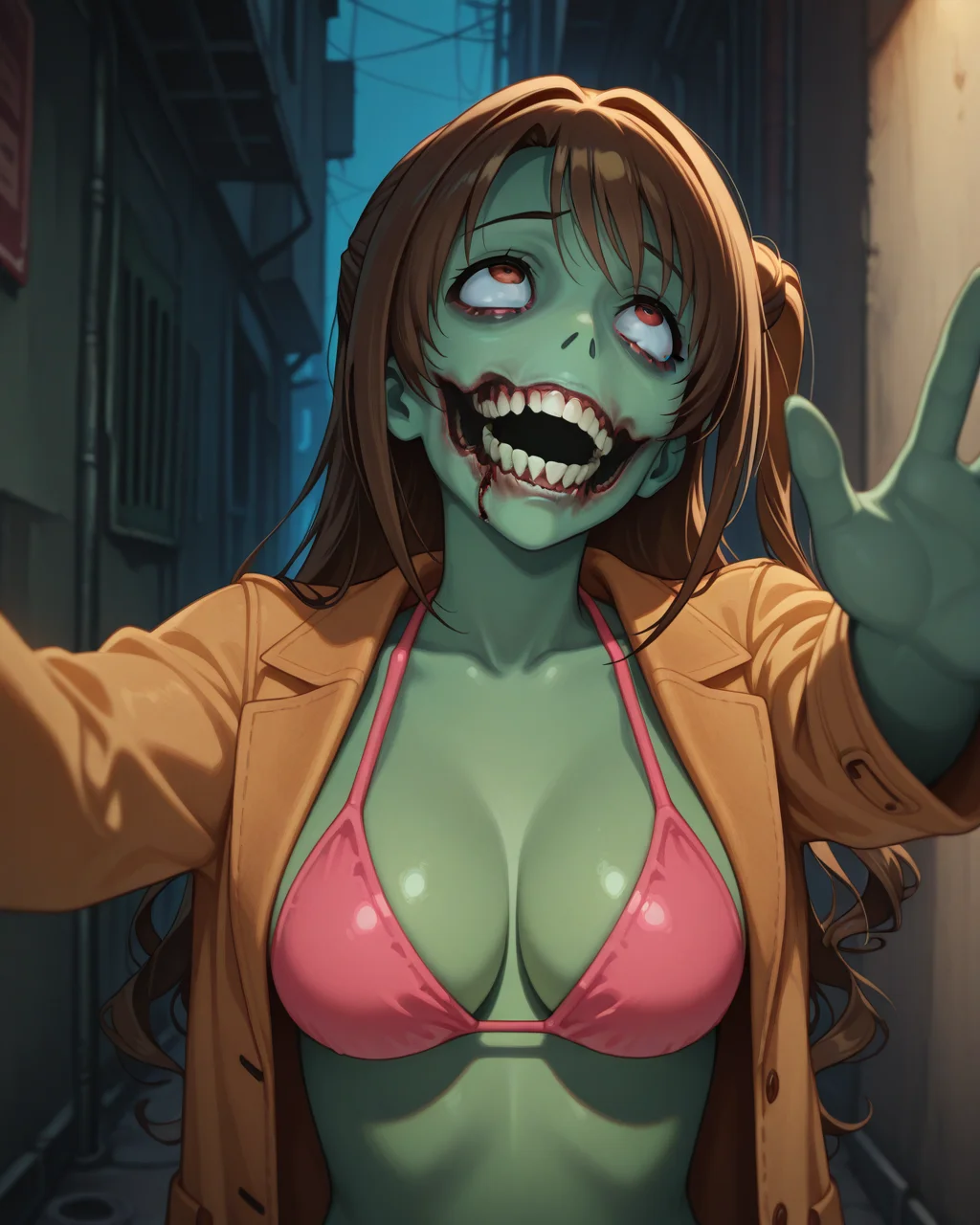 masterpiece,best quality,higres illustration,detailed face,1girl,solo,upper body,<lora:pulphorror_IL:1>,horror,shimamura uzuki,green skin,expressionless,rolling eyes,teeth,reaching,bikini,coat,alley,