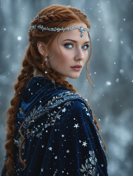 breathtaking detailed, masterpiece, absurdres, awe-inspiring, best quality, vibrant colors, nbn-freyja, beautiful woman, auburn hair, blue eyes, braids, silver tiara, blue robe with leafe and star inlays, looking over her shoulder, portrait, close up, realistic, blurry background<lora:sdxl_NBN-Freyja_NordicByNature.safetensors:0.8:0.8>