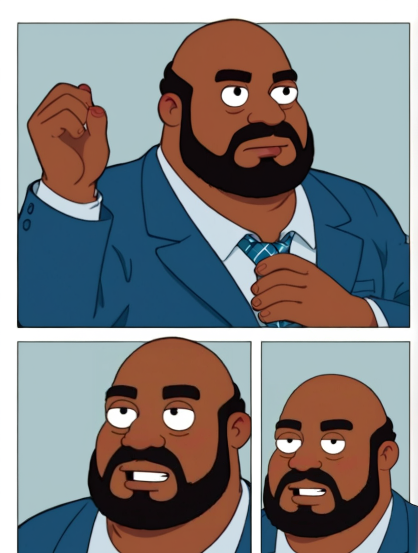 1boy, solo male, alone, ((portrait, medium shiot,)),
<lora:Priuncipal_Lewis:0.7> principal lewis, american dad character, chubby, dark skin, black man, african american man, beard, bald, masculine, blue suit,, ,score_9, score_8_up,, <lora:Expressive_H:1> Expressiveh, <lora:add_details_xl:1> more detail, <lora:WildcardX-XL-Detail-Enhancer:1>, <lora:pepelarrazstylexl:0.5> pepelarrazstylexl, comic book style, art by jonathan hickman, 2d art,<lora:Pepe_Larraz-000006:0.5> pepe larraz style, pepe larraz, art by jonathan hickman, 2d art,