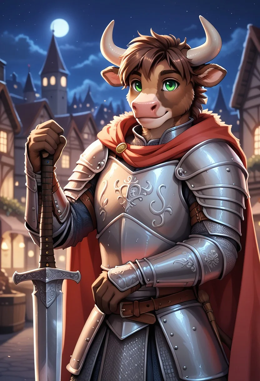 F.M PDXL, anthro, male bovine, tufted fur, cow tail, cow horns, detailed fur, brown fur, brown hair, green eyes, medieval city, knight armor, holding sword, smile, cape, night, solo, detailed eyes,