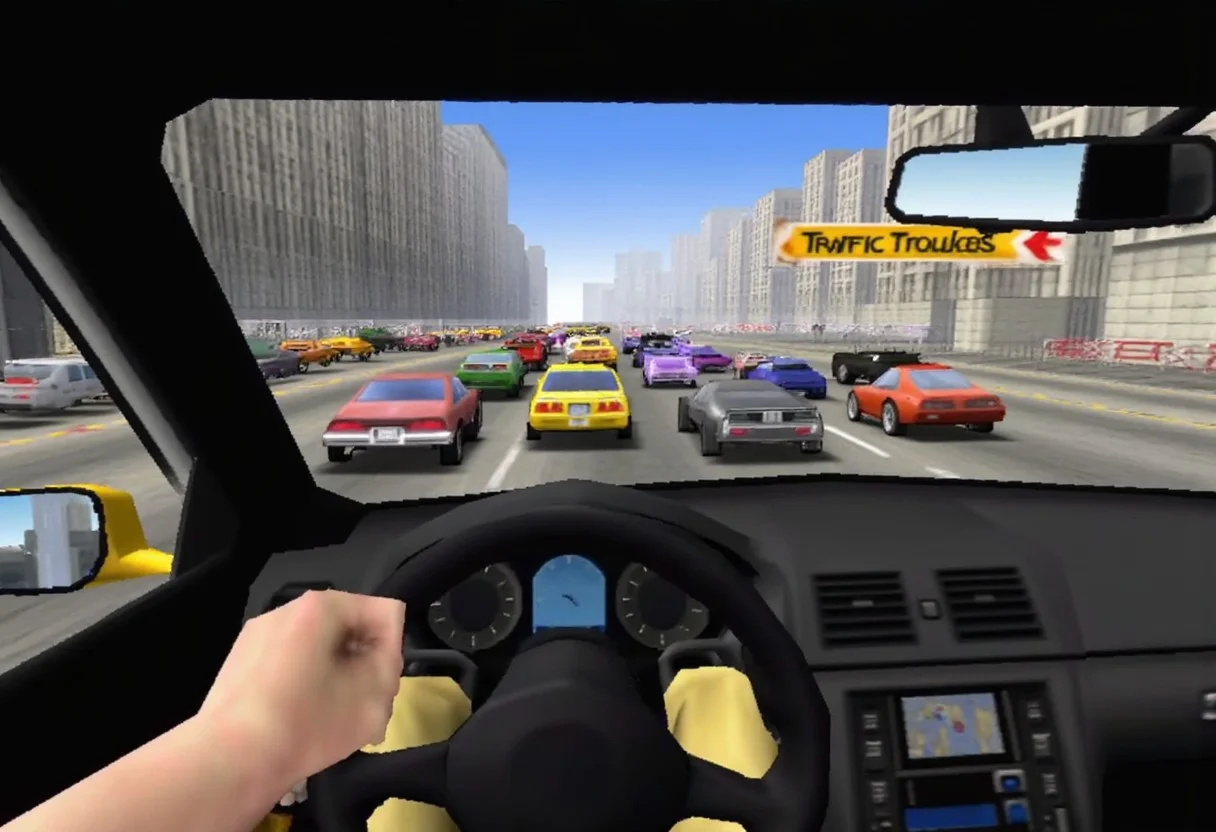 First person point of view from inside a car surrounded by an excessive amount of vehicles in a city street in n64style. There are so many vehicles that nobody is able to move. There are cars in front of and beside the driver. The driver is shaking his fist. It is a massive traffic jam.
There is title text on the screen that says "Traffic Troubles"
flat lighting, low resolution, crt scanlines, low poly