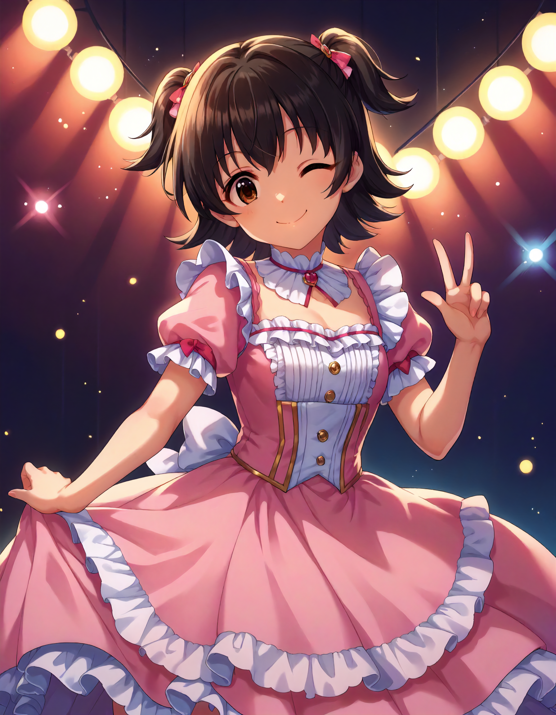 score_9,score_8_up,score_7_up,1girl,solo,cowboy shot,looking at viewer,smile,wink,closed mouth,stage lights,
<lora:akagimiria_ponyXLV6:0.8>,cgakm,
black hair,two side up,brown eyes,
pink dress,puffy short sleeves,frills
