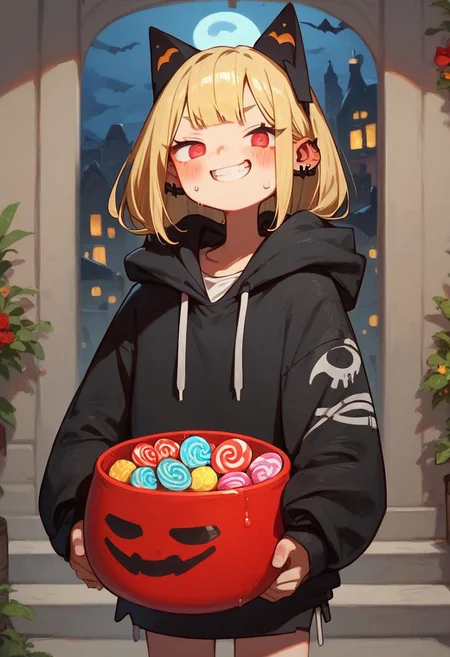 score_9, score_8_up, score_7_up, best quality, 1girl, solo, grin, sweaty, blonde long-hair, black cat ear hoodie with the hood up, in night city, hold a large heavy Halloween-bucket overflowing of colorful candy and snacks with both hands,