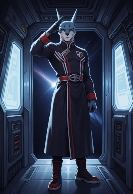 masterpiece,best quality,amazing quality, 1boy, solo, d0gg13, furry, space robe, boots, red eyes, full body, space, spaceship, inside, salute