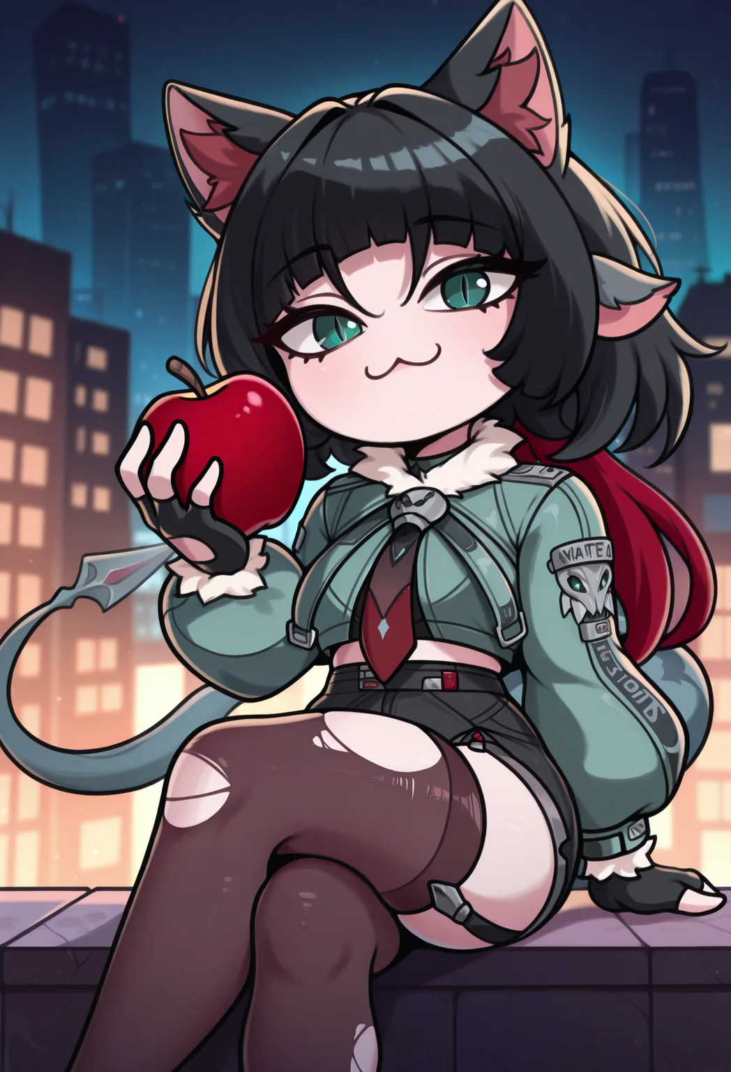 1girl, solo, blurry background, night, outdoors, looking at viewer, holding apple, crossed legs, sitting, futuristic city,
masterpiece, best quality, <lora:necoarccon-guy90-Illust-LycorisV1:1>, noccen, animal ears, :3, chibi, animal ear fluff, slit pupils, <lora:zzz_janedoe_illustriousXL:1> j4ne d0e, tail, two-tone hair, black hair, red hair, blunt bangs, green eyes, torn clothes, fur trim, green jacket, fur-trimmed jacket, cropped jacket, necktie, long sleeves, fur-trimmed sleeves, black gloves, fingerless gloves, black shorts, short shorts, black pantyhose, single leg pantyhose, torn pantyhose, black thighhighs, single thighhigh, torn thighhighs, garter straps