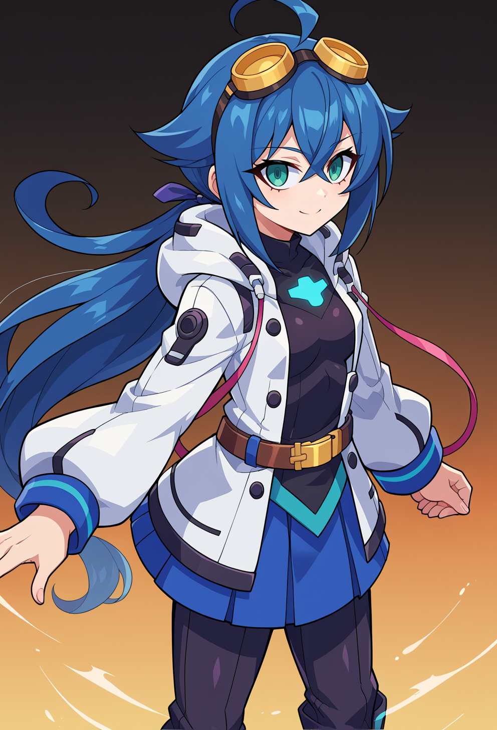 score_9, score_7_up, source_anime, BREAK   <lora:GunvoltMain:1> Azure Striker Gunvolt(Main),, smile, 1girl, teal eyes, (black hair:1.2), low ponytail, ahoge, absurdly long hair, hair flaps, hair between eyes, crossed bangs, small breasts, (goggles on head:1.2), hooded coat, open coat, black turtleneck, blue half-skirt, pants, black knee boots, multiple straps, white coat, layered clothes, blue hair ribbon, pants under skirt, belt, chest belt,