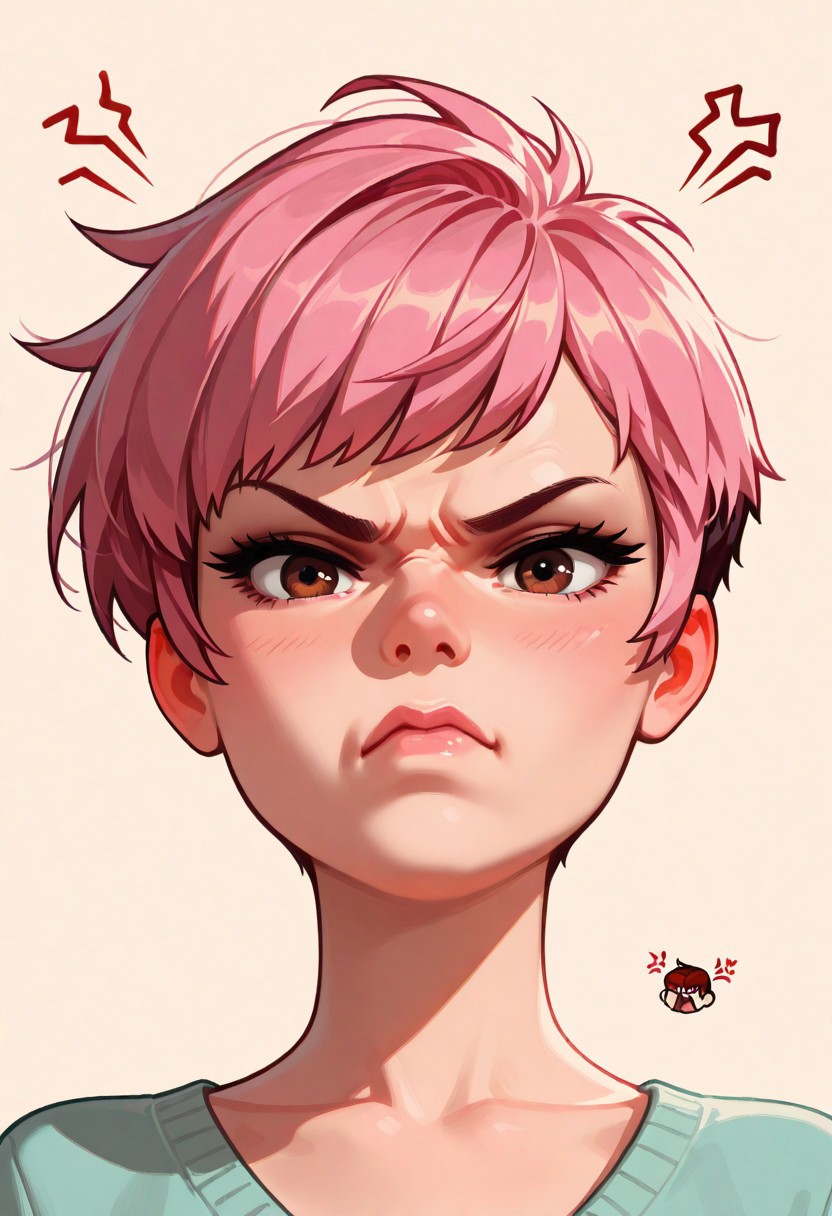 chibi, high contrast, masterpiece, best quality, amazing quality, very aesthetic, retro artstyle, realistic, promotional art, newest, volumetric lighting.
(artist:incase:0.5), (artist:tsuaii:0.5), color theory,
1girl, face, solo, straight-on, focus on face, front view, portrait, (anger: 1.5), Pixie cut, pink hair, brown eyes, luminescent background, simple background.