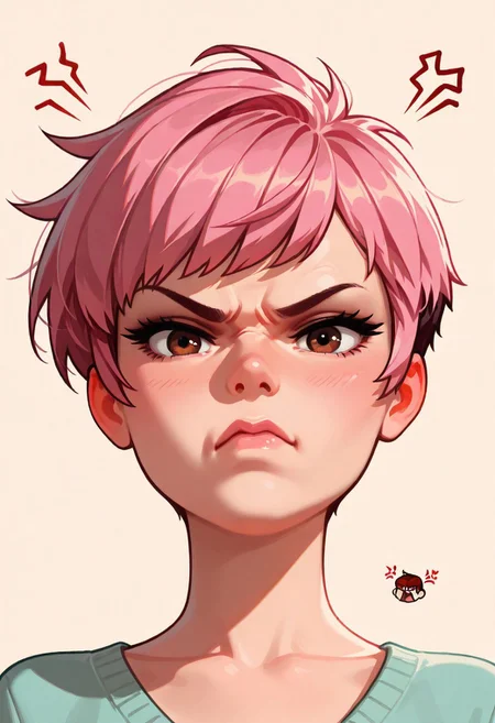 chibi, high contrast, masterpiece, best quality, amazing quality, very aesthetic, retro artstyle, realistic, promotional art, newest, volumetric lighting.
(artist:incase:0.5), (artist:tsuaii:0.5), color theory,
1girl, face, solo, straight-on, focus on face, front view, portrait, (anger: 1.5), Pixie cut, pink hair, brown eyes, luminescent background, simple background.