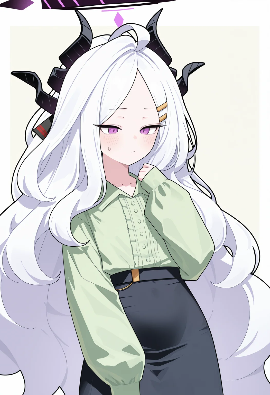 Seol Hee,hina \(blue archive\), 1girl, solo, long hair, blush, shirt, skirt, long sleeves, hair ornament, closed mouth, purple eyes, white hair, ahoge, horns, hairclip, black skirt, sweatdrop, halo, sleeves past wrists, demon horns, green shirt, multiple horns,masterpiece,best quality,newest,absurdres,highres,very awa, <lora:None:1.0> <lora:AZZ_Style-000014:0.9500000000000002>