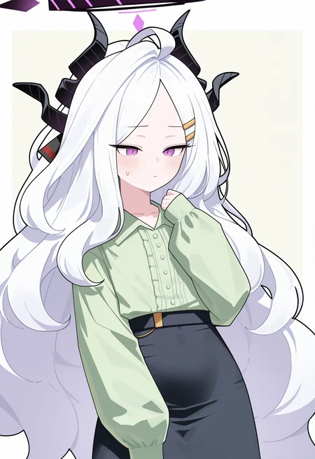 Seol Hee,hina \(blue archive\), 1girl, solo, long hair, blush, shirt, skirt, long sleeves, hair ornament, closed mouth, purple eyes, white hair, ahoge, horns, hairclip, black skirt, sweatdrop, halo, sleeves past wrists, demon horns, green shirt, multiple horns,masterpiece,best quality,newest,absurdres,highres,very awa, <lora:None:1.0> <lora:AZZ_Style-000014:0.9500000000000002>