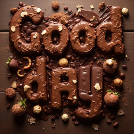 Belgian chocolate delight typography, Good day
, text luxuriously composed of various Belgian chocolate creations, warm studio lighting with rich shadows, deep brown and gold color palette, polished wooden or marble background, elements including assorted pralines, truffles, chocolate bars with different cocoa percentages, chocolate curls and shavings, cocoa beans, melting chocolate drips, chocolate-dipped strawberries, elegant chocolate boxes, gold foil wrappers, piped chocolate decorations, chocolate mousse swirls, wafer pieces, hazelnut and almond accents, dusting of cocoa powder, hints of Belgian lace patterns