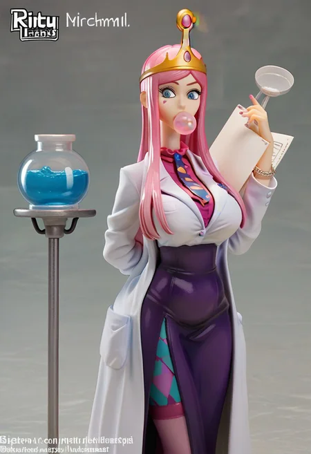 score_9, score_8_and_up, clockwork dilso, b0bbl3g0m, weird illustration, fairy woman, sbfte, slutty cleavage princess, slave crown, sexy pink monstergirl, hourglass figure, long neck, thicc thighs, lab coat, large bubblegum breasts