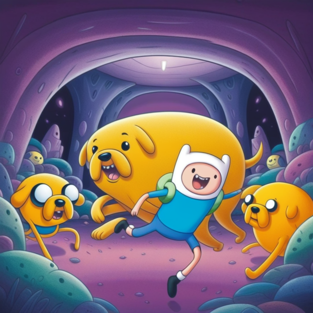 adtime, jake, finn, in a purple cave, treasure, 1boy, 1yellow dog, <lora:KK__Adventure_Time_Style_SDXL:1>