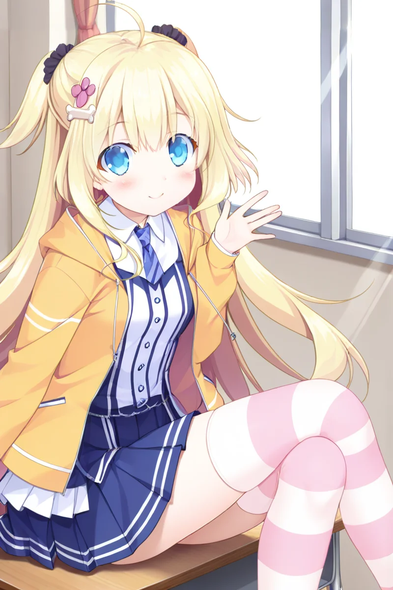 masterpiece,best quality,amazing quality,highres,scenery,newest,1girl,official style, alice, hair ornament, blonde hair, blue eyes, long hair, bone hair ornament, bangs, hair between eyes, hair flower, hairclip, flower, ahoge,
alice school, skirt, hair ornament, pleated skirt, necktie, blush, school uniform,yellow jacket, two side up, thighhighs, striped thighhighs, <lora:lovelyday-alice-V1:1>,classroom,window,sunlight, shadow,sitting,legs under desk,from side,smile,hand up,