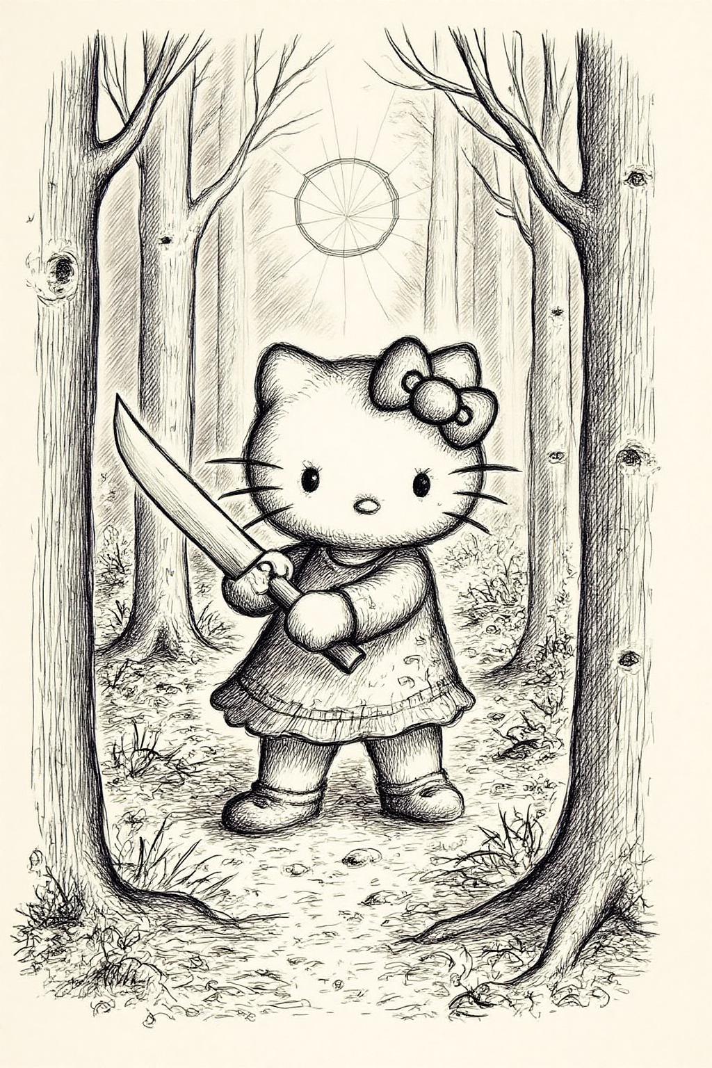 gawi1 illustration.
 Hello Kitty in the middle of the forest holding a knife, the atmosphere and the character looks scary, Hello Kitty is hidden by the shadows.  <lora:gawi1_cap_d6a3e12:1.0><lora:827369705477062900:0>