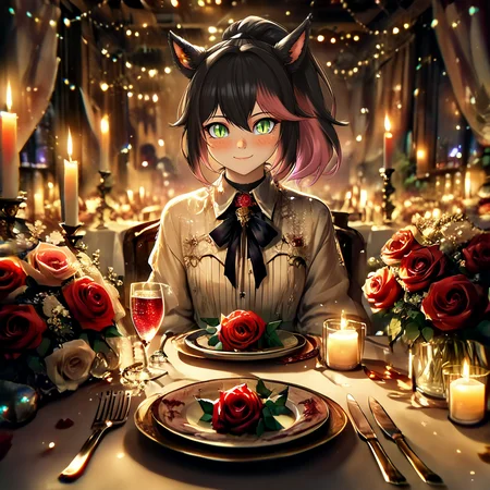score_9,score_8_up,score_7_up,score_6_up,rating_safe,source_anime,<lora:500SharpCivitai_Lascalae:0.1>,((1girl)),<lora:zy_Detailed_Backgrounds_v1:0.75>,Clutter,Background,Detailed background,Elaborate,Rich,Dynamic,Immersive,Intricate,<lora:clamXIVMC_locon:1>,xivmc,animal ears,two-tone hair,ponytail,green eyes,slit pupils,freckles,tail,<lora:valentines_date_pony:1>,valentinesdate,flower,rose,looking at viewer,hair flower,candle,drinking glass,table,zPDXL,