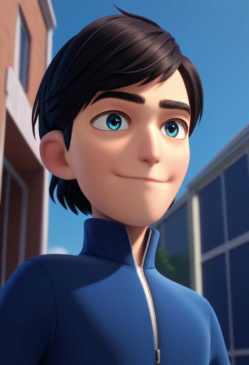 score_9, score_7_up, 3D
jimth, 1boy, male focus, solo, blue eyes, black hair, short hair, jacket, blue jacket, rolled up sleeves, zipper, light smile,
outdoor, sky,