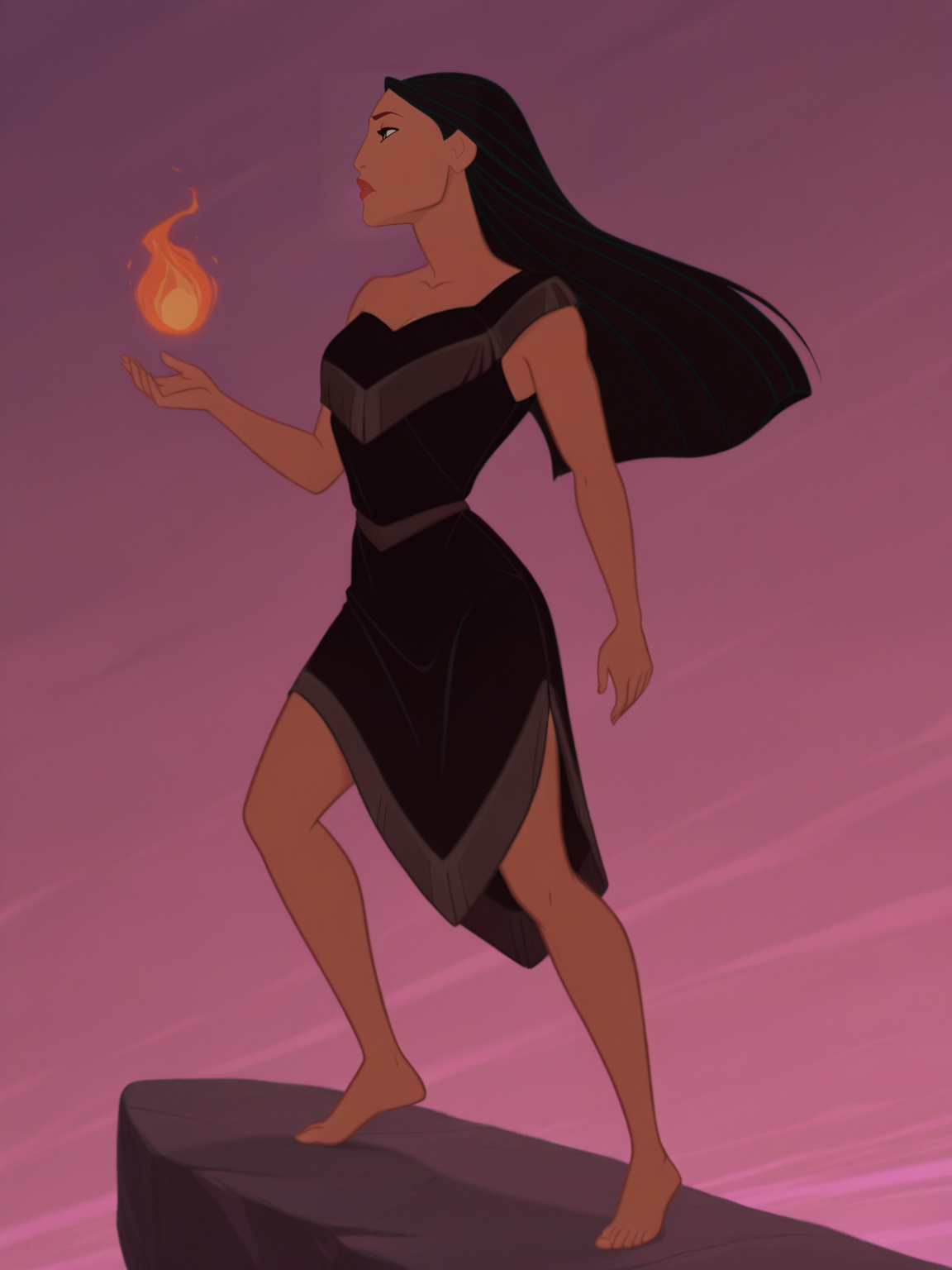 <lora:PocIL:0.9> po_s, 1girl, native american woman, dark skin, red lips, long raven-black hair, black eyes, 
magic, magic robe, steel armor,glowing liens, fireball, action, full body, glowing background, magic background