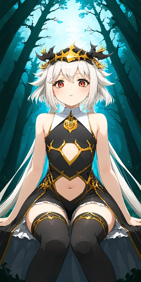 1girl, solo, looking at viewer, looking at viewer, forest, sitting, from below,
bare shoulders, thighhighs, navel cutout, ,white hair,
<lora:Licorice-000010:1> ,outfit_main, licorice,