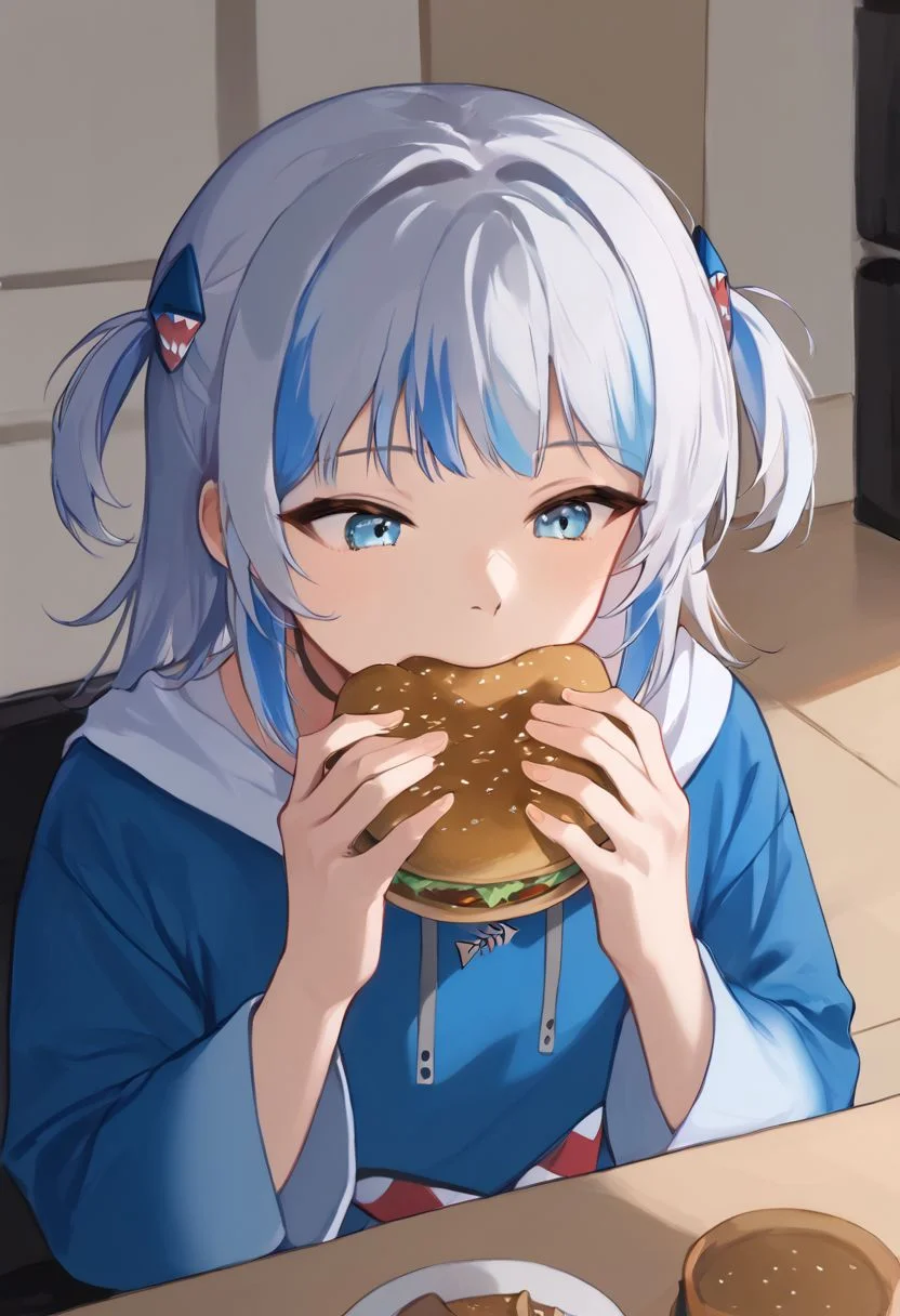 core_9, score_8_up, score_7_up, comics masterpiece, 4k, high quality, ((solo)), <lora:jermawhopper-pdxl-nvwls-v1-000005:1> jermaWhopper, eating, burger,
gawr gura, blue hoodie, two side up, shark hair ornament, shark tail