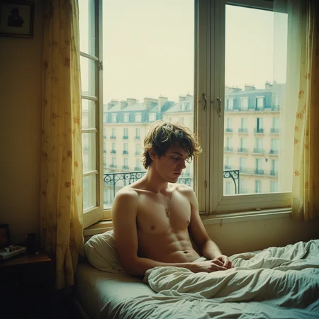 lomography, hazy, looking out of a window smoking, rough hot fuckboy relaxing in hangover, rundown french hotel room with bed, dreamy, impressionistic, bohemian, moody
