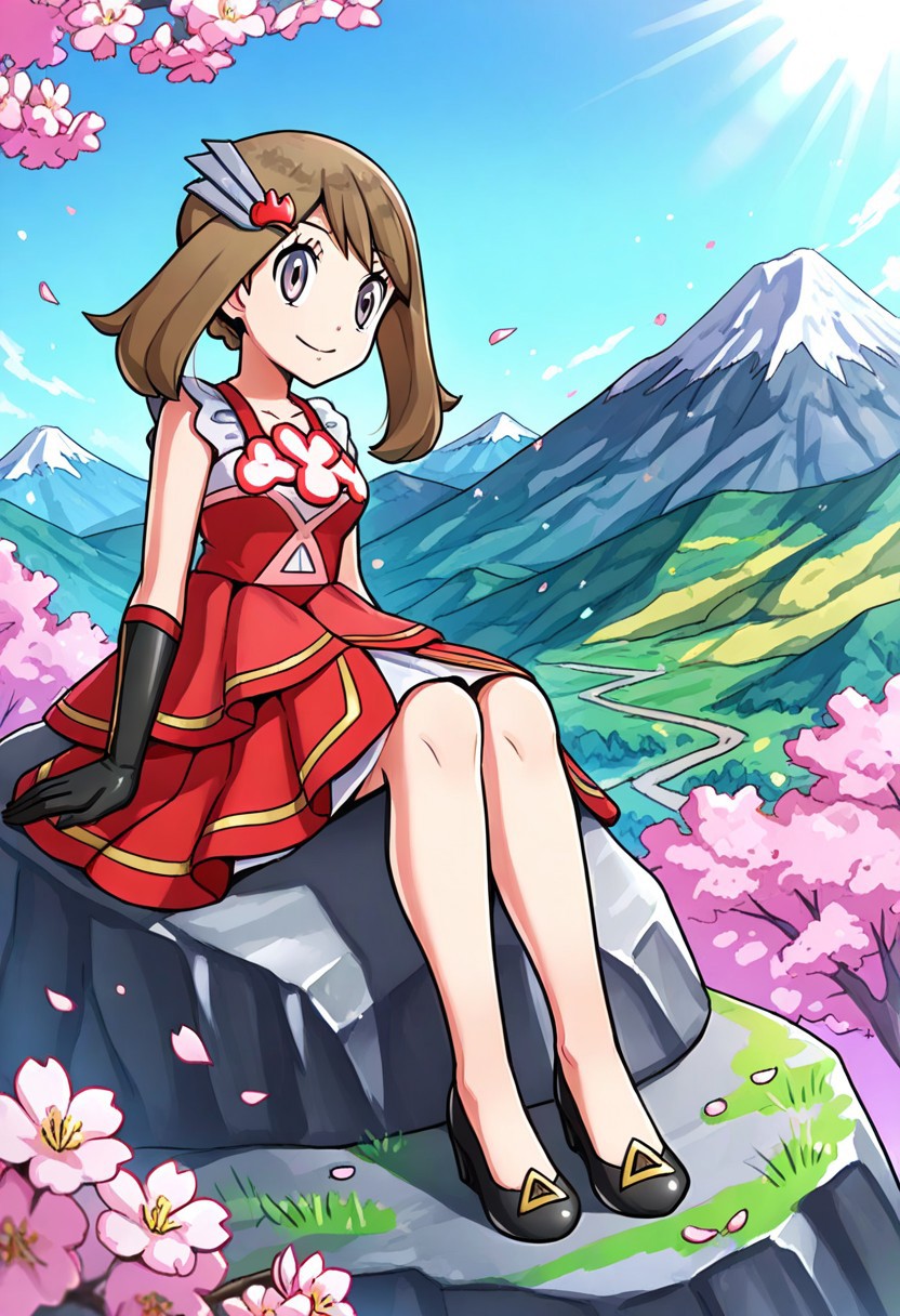 1girl, solo, sitting, on_rock, full_body, close-up, girl_focus, cherry blossoms, mountain, sunshine, clear sky, colorful, landscape,  annimay, brown_hair, grey_eyes, hair_ornament, red_dress, black_gloves, shoes, black_footwear, short_sleevees