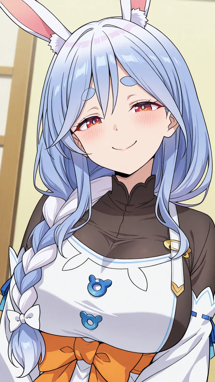 smile, solo,, masterpiece, best quality, amazing quality, very aesthetic, absurdres, newest, anime screencap, <lora:pekomamaILM:1>, pekomama, mature female, rabbit girl, rabbit-shaped pupils, short eyebrows, braided ponytail, rabbit ears, thick eyebrows, animal ear fluff, braid, red eyes,