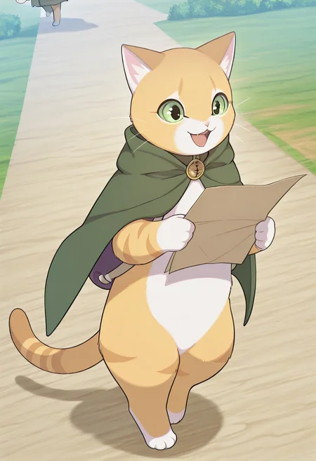 score_9, score_8_up,score_7_up,masterpiece, best quality,,solo,easynegative, cat, green eyes, holding, no humans, open mouth, solo, walking, outdoors, cloak, paper, full body, animal focus, cape, holding paper, tail, smile, furry, animal, collar, standing,Theo