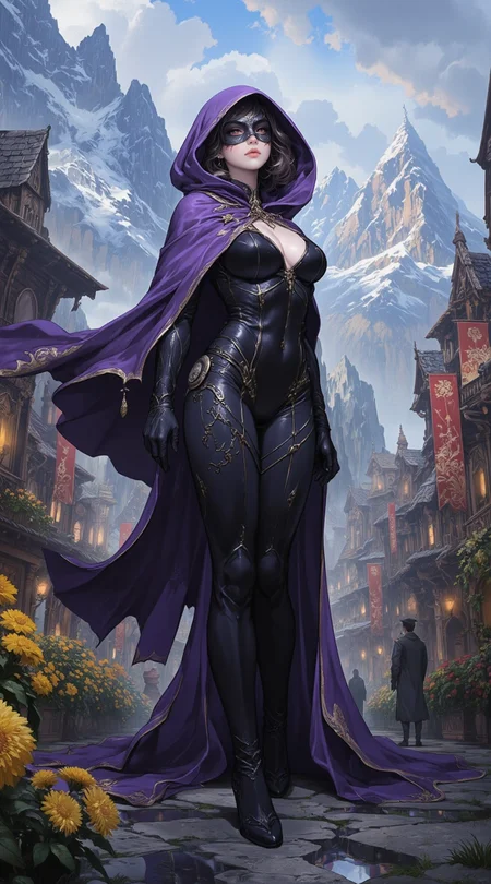 Majestic digital illustration of a fantasy world of might and magic, featuring a mysterious heroine with a masked face under a violet hood in a tight suit and violet cape on the streets of a fantasy city with yellow flowers and banners. Majestic mountains and a castle in the background. Mysterious gothic atmosphere. <lora:ck-shadow-circuit:0.5>