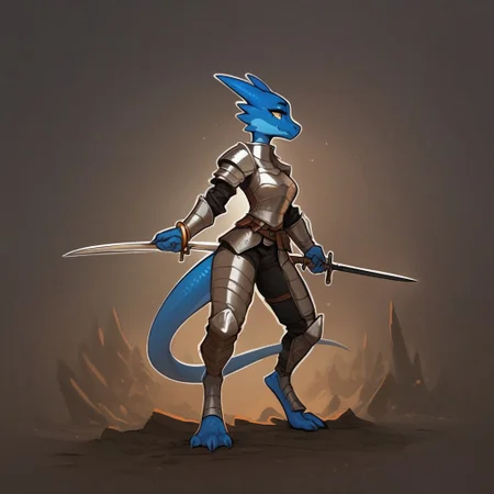 score_9, score_8_up, score_7_up, score_6_up, source_cartoon, black outlines, 1girl, solo, full body, profile, in a cave, blue Kobold, furry dragon, tail, short stature, short, medium breasts, scales, scaly skin, knight armor, road sword, leather utility belt, bracelets, anklets, cute face, pale blue skin, cowering stance
