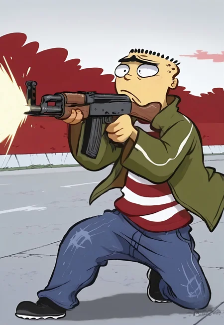 Masterpiece, best quality, 8k, newest, absurdres, highly detailed, 1boy, solo, edboi, white sclera, black pupils, mnbrow, green jacket, red and white striped shirt, blue jeans, black shoes, anarchist mask, unibrow, ak-47, assault rifle, aiming, firing, focused expression, suburban background detailed background,
