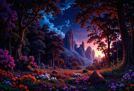 (in full view:1.2), (seen from a distance, wide angle:0.55), The style a combination of [Clyde Caldwell|Igor Zenin|Heather Theurer], Under lighting, alien planet, alien plants, bioluminescent plants. Harmonious madness, synergy with chance, unique art style, mind bending art. Digital painting in a realistic style representing strange visions of A forest, struck by a meteorite that has been altered by radiation coming from the meteor. The forest, once a popular place for walks has transformed into something out of another dimension. The trees, plants and animals have all begun to transform into life forms alien to earth. The wild flowers have become more colorful and have unusual patterns. A digital rendering, high-res, ultra detailed, photo manipulation, altered realities, <lora:+FluxVelvet's_Mythic_Fantasy:0.7> <lora:Midjourney_Whisper_Chromaplex_Velvet_Myst_v01:0.4> <lora:Epic_gorgeous_Details-flux.1:0.4> <lora:Amazing_scenery_v3:0.6> <lora:UltraReal_Fine-Tune:0.3> <lora:Realism-lora-Flux:0.6> <lora:low-light-flux-v2:0.5>