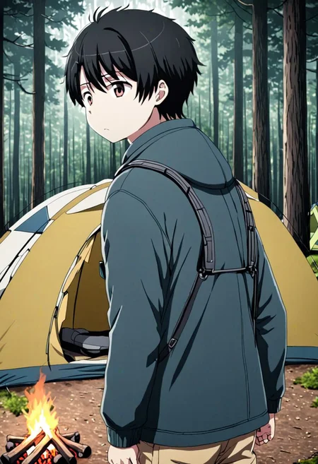 high resolution, solo, best quality, 1Boy, Inaho Kaizuka, Black Hair, forest, camping, OverallDetail