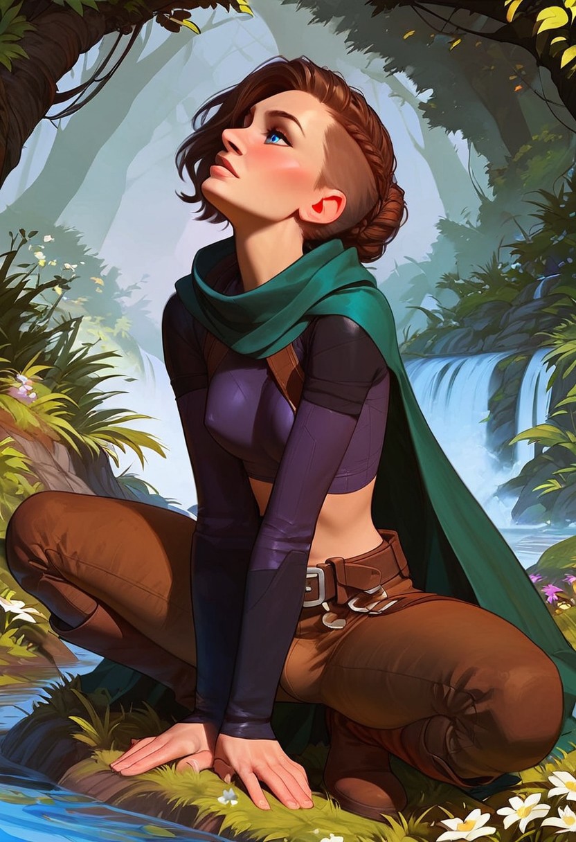 score_9, score_8_up, score_8, score_7_up,
BREAK 1futa, (riza hawkeye, winry rockbell: 0.5), (solo), long medium brown hair, braided like lagertha, (hair shaved on sides), blue eyes, small breasts under clothes, 
BREAK Brown leather pants, long sleeve black tunic , green cloak, 
BREAK side view, crouched by river, hand touching water, Whole body, 
BREAK fantasy setting, forest river, quiet, secluded, small pool, 
BREAK easynegative, Expressiveh, Hand, detailed, perfect, perfection, hands, squat, knee on ground
