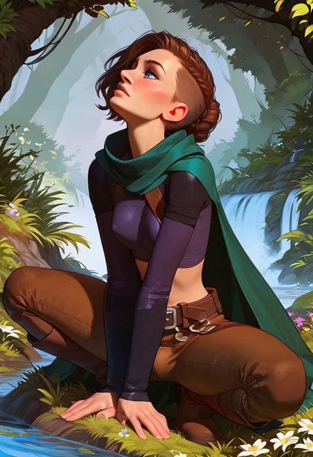 score_9, score_8_up, score_8, score_7_up,
BREAK 1futa, (riza hawkeye, winry rockbell: 0.5), (solo), long medium brown hair, braided like lagertha, (hair shaved on sides), blue eyes, small breasts under clothes,
BREAK Brown leather pants, long sleeve black tunic , green cloak,
BREAK side view, crouched by river, hand touching water, Whole body,
BREAK fantasy setting, forest river, quiet, secluded, small pool,
BREAK easynegative, Expressiveh, Hand, detailed, perfect, perfection, hands, squat, knee on ground