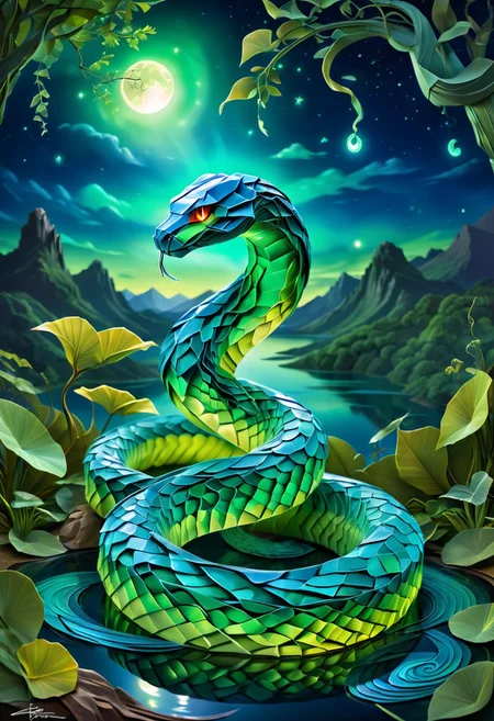 high quality, extremely detailed and beautiful origami fantasy translucent magical snake, glowing within, green and black colors <lora:TQ_-_Fairy_Tale_Origami_Paintings:0.5> , beautiful vibrant dark moonlight lake at night, sharp focus, intricate, detailed illustration, beautiful color palette, incredible details, high contrast, high dynamic light, perfect composition and chiaroscuro, glowing magical moonlight, bioluminescent creature, intricately detailed, true masterpiece, <lora:sss:1> <lora:SDXLFaeTastic2400:0.5> snake, animal